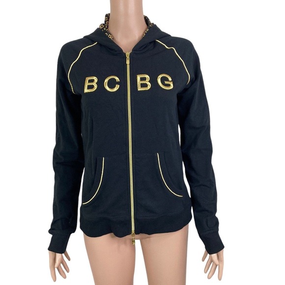BCBGMaxazria Sweat Jacket Womens Large Black Gold Embroidered Spellout Full Zip - Picture 11 of 11